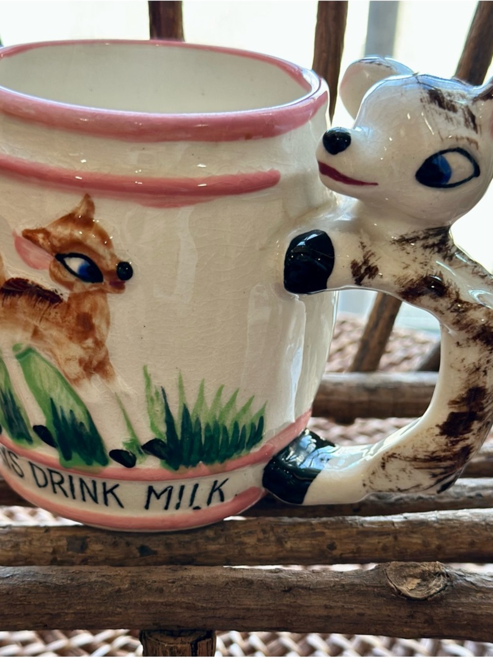 Vintage Set of Always Drink Milk Ceramic Animal Handle Mugs Cream Pastel Accents - Picture 7 of 10